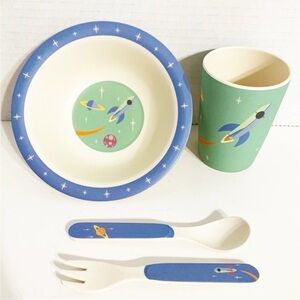 Monbebe Bamboo Mealtime Set Bowl Cup Fork Spoon Space Rockets 🚀 Design No Plate